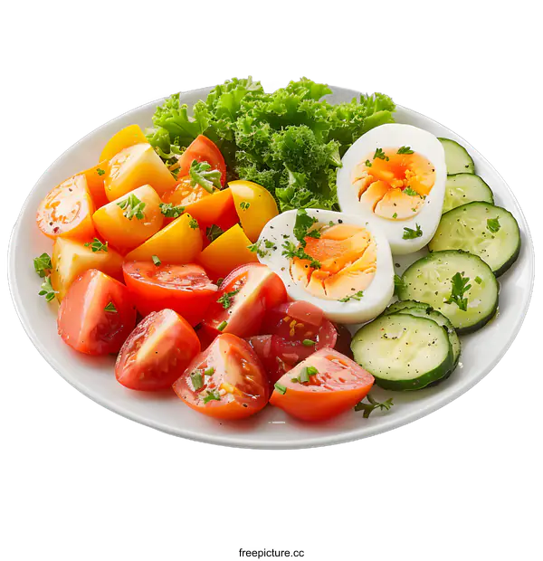 [Transparent Background PNG]Fresh and Healthy Breakfast Salad with Tomato, Cucumber, Egg, and Greens
