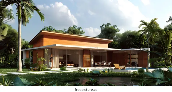 Modern Tropical House with Pool and Palm Trees