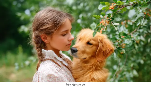 A young girl holding a golden retriever dog in a garden