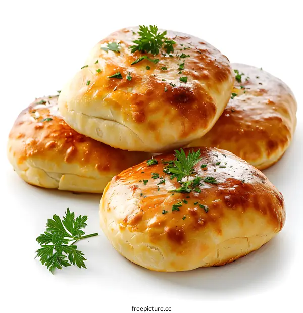 Four baked buns with parsley on white background