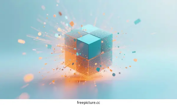 Abstract Cube with Dynamic Particles and Light Effects in Blue