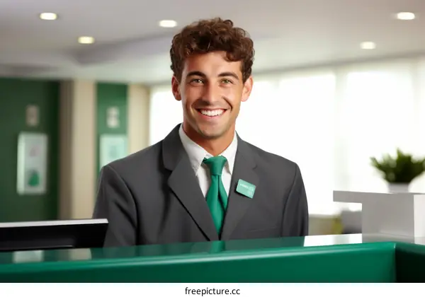 Young male receptionist with curly hair smiling at the camera