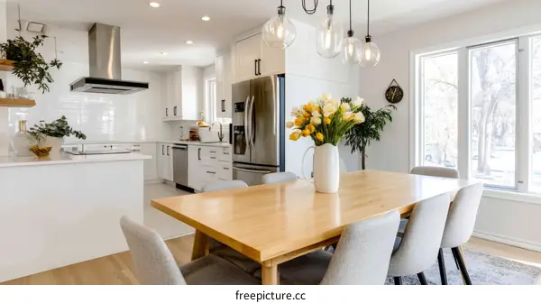 Modern White Kitchen and Dining Area