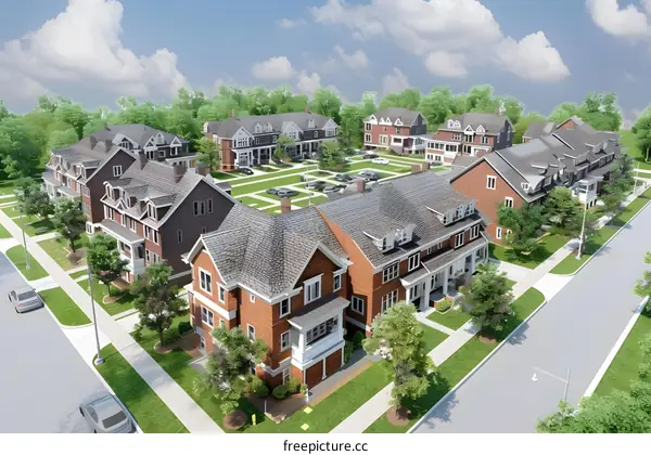 Aerial View of a Suburban Neighborhood with Houses and Trees