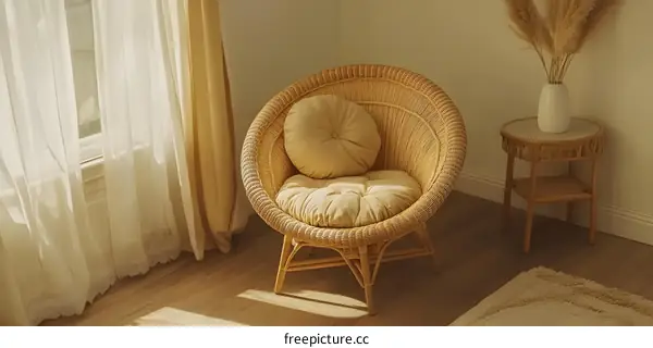 Wicker Chair With Cushions And Beige Rug In A Sunny Room