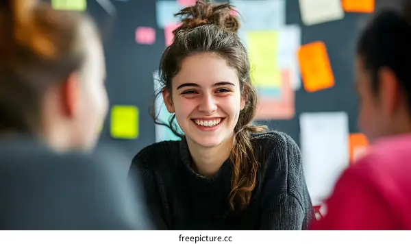 Happy Woman Talking to Friends in Office