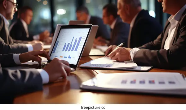 Business meeting discussing financial data and company growth strategy