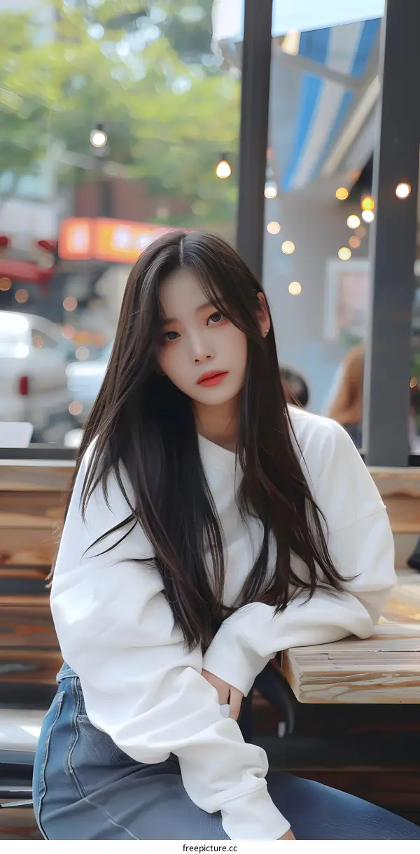 Young Woman Sitting in a Cafe with a White Sweater