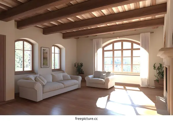 Modern Living Room with Arched Windows and Wooden Beams