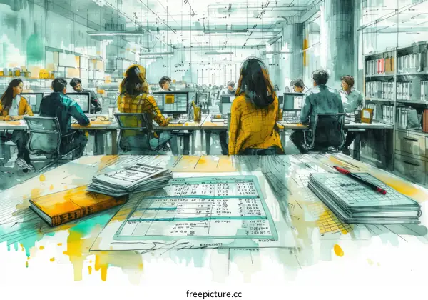 Illustration of a diverse group of people working together in a busy office environment, with books and papers scattered around.