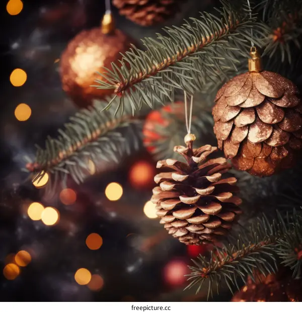 Christmas tree decorated with pine cones and lights
