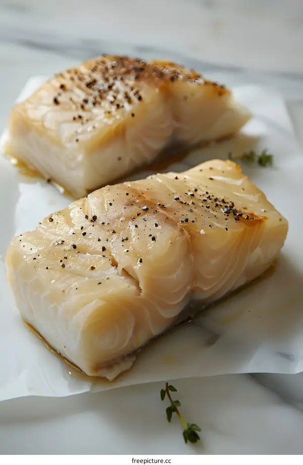 Two pieces of raw white fish fillet on white marble