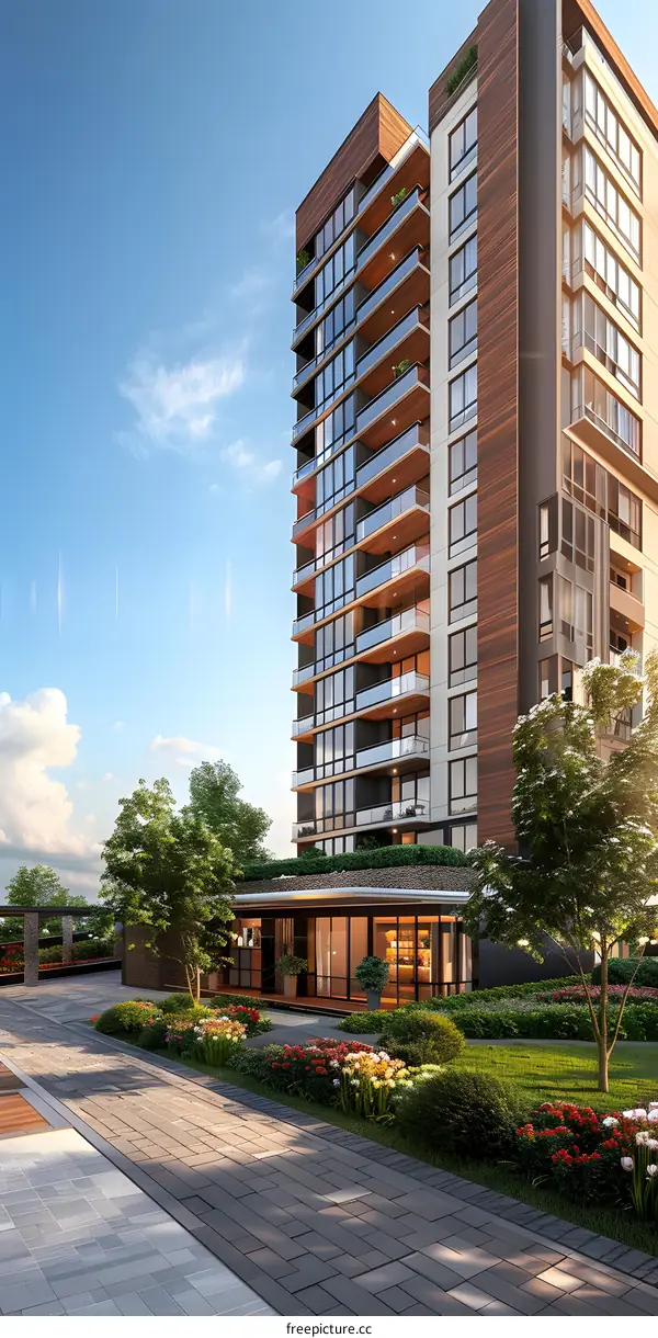 apartment building with modern glass windows and balconies surrounded by trees and flowers