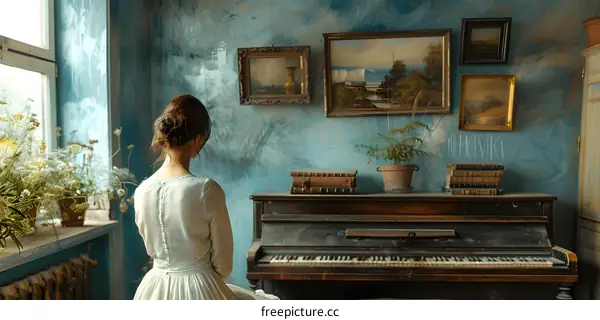 woman in white dress sitting on piano bench in front of blue wall with paintings