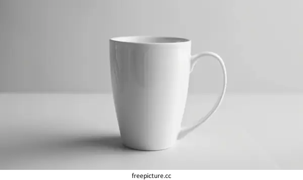 A simple white mug on a white table against a white background.