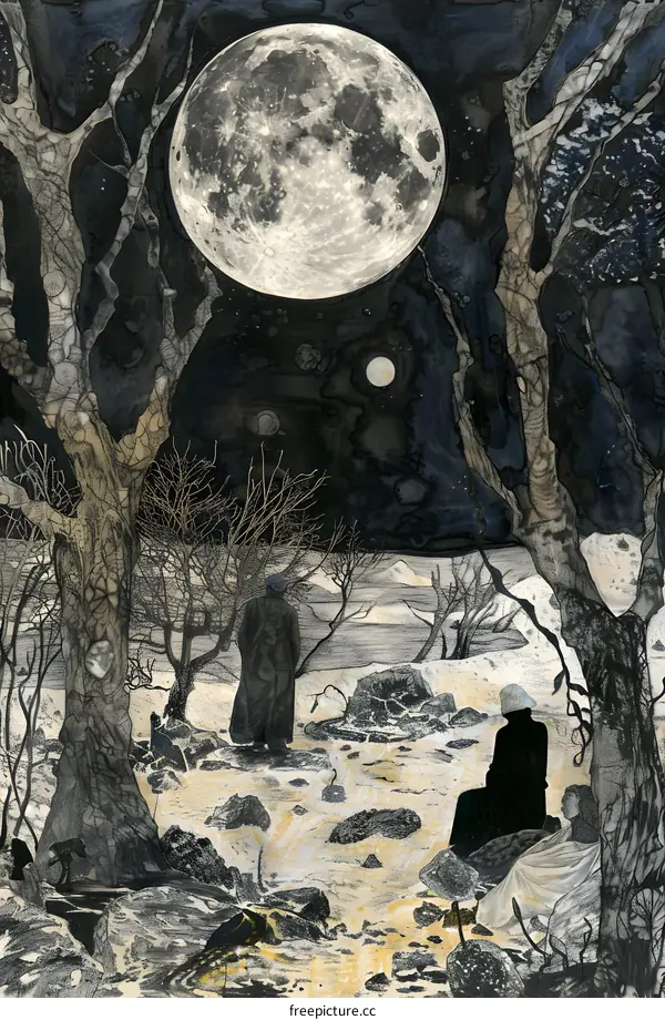 Night Sky Moon Art Painting with Trees and People in Black Silhouettes
