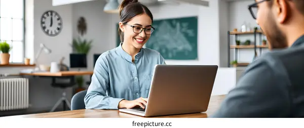 Smiling Woman Working on Laptop with Man in the Background