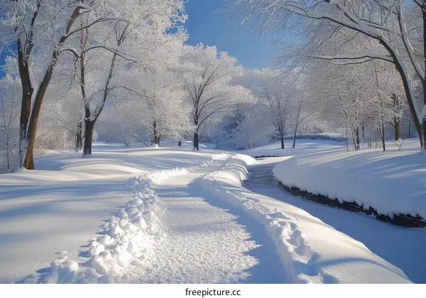 A snow-covered park with a path leading through it