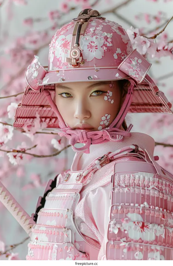 Portrait of a young woman wearing a pink samurai helmet and armor