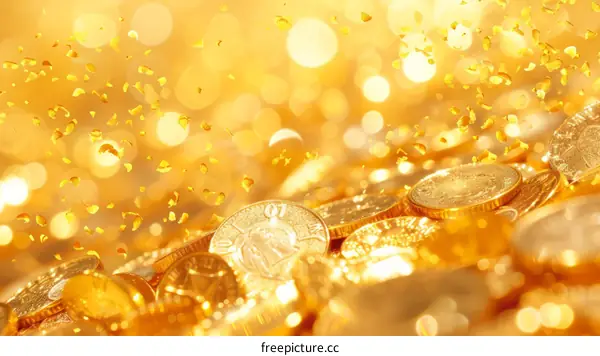 Pile of gold coins with blurred lights in the background