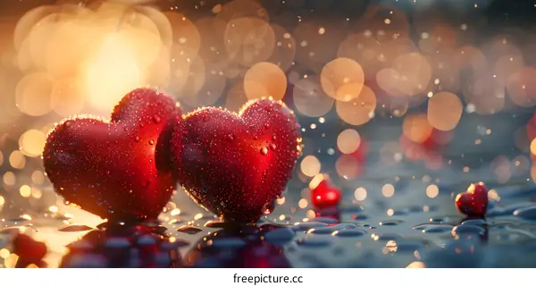 Two red hearts with raindrops on a reflective surface against a blurry background of lights.