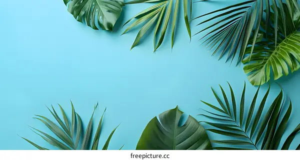 Tropical Leaves on Blue Background