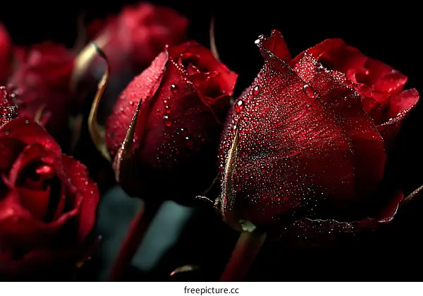 Closeup of Dewy Red Roses in Dark Background