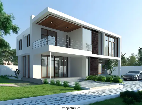 Modern Two Story House Exterior Design With Glass Windows and Stone Wall