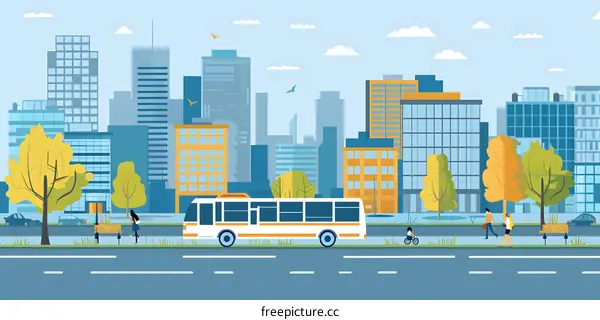 Cityscape with Bus and People Walking