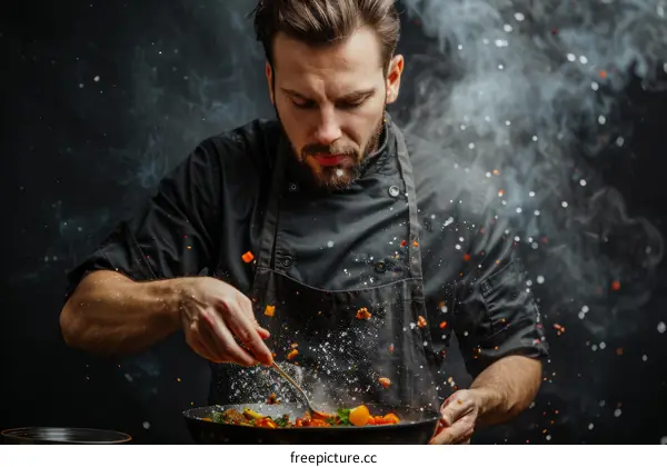 Focused male chef seasoning food in a pan