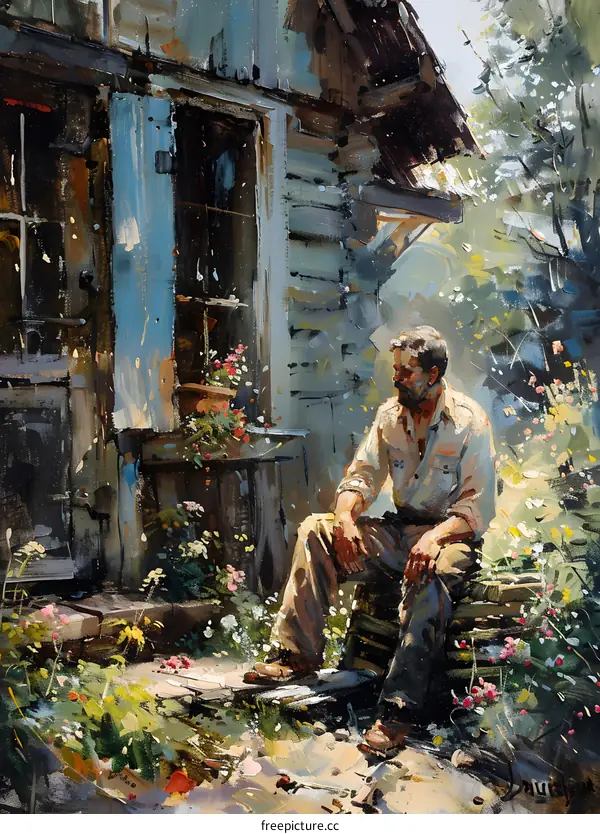 An old man sits on a wooden porch outside a small house