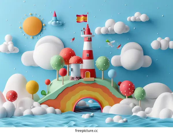 3D illustration of a cartoon lighthouse on a rainbow island