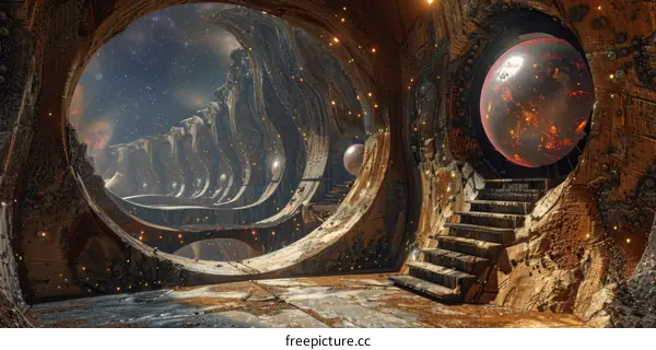 Interior of an alien spaceship with outside view of a planet