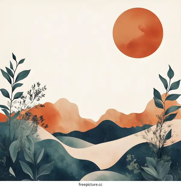 Abstract Minimalist Mountain Landscape with Sun and Plants