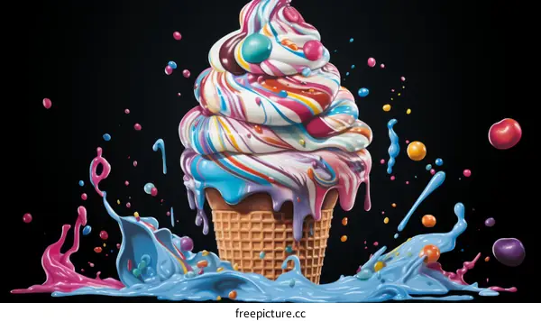 Ice cream cone with rainbow swirl and colorful sprinkles