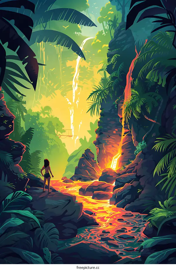 Woman Standing on a Rock by a Lava Waterfall in a Lush Jungle