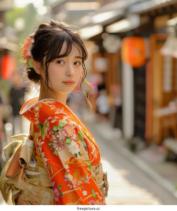 Young Woman in Traditional Japanese Kimono Walking Down a Street