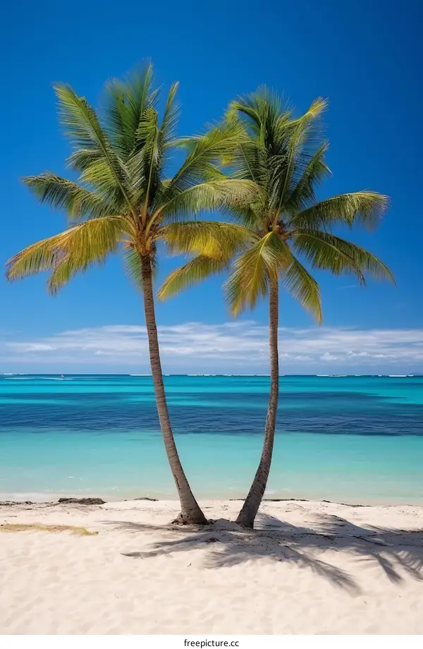 Two palm trees on a white sand beach with turquoise ocean water in the background