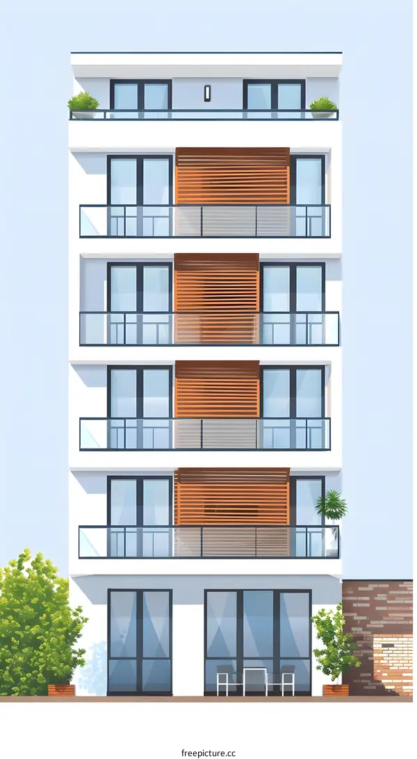 Modern Apartment Building with Balconies and Patio