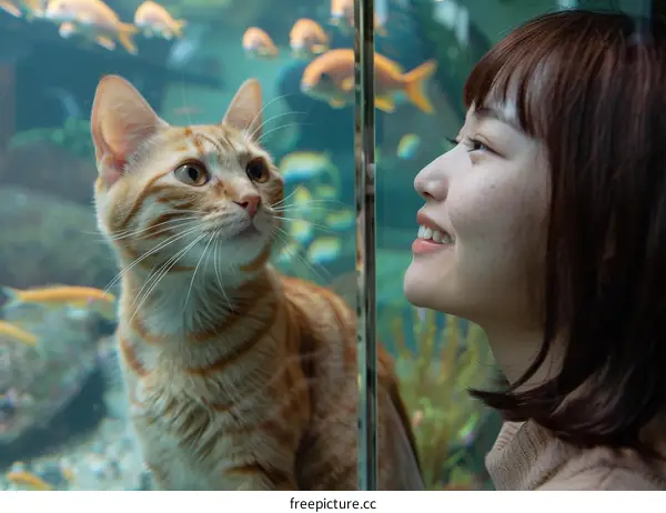 A ginger cat looking at a woman through a glass window