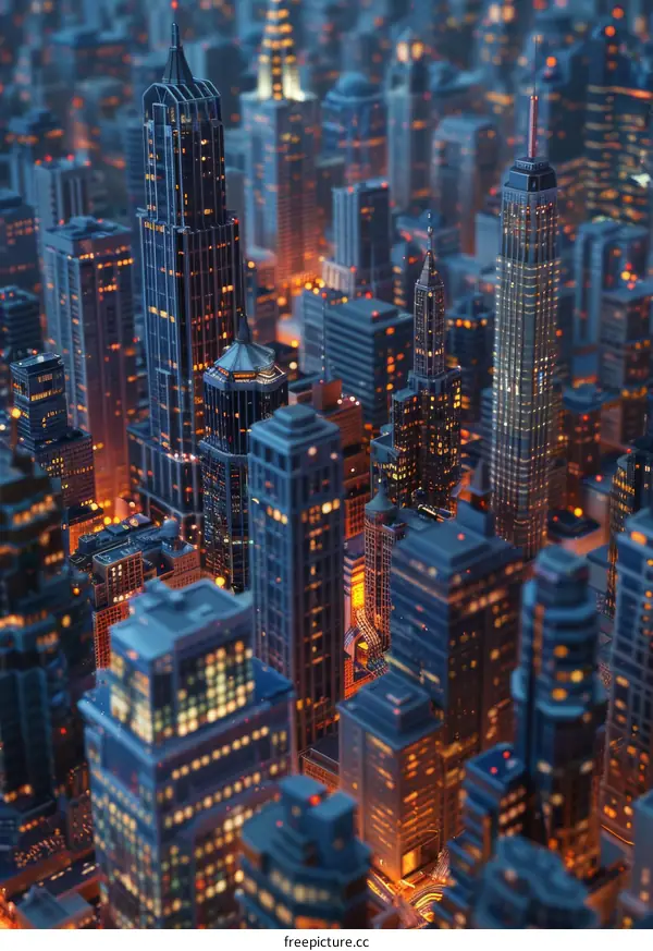Miniature Cityscape with Skyscrapers and Lights