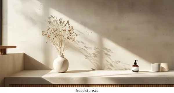 Dried Flowers in Vase on Concrete Shelf with Warm Sunlight and Soft Shadows