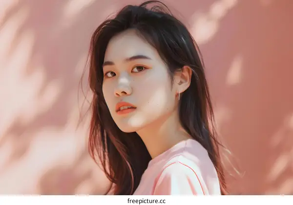 Portrait of an Asian Woman with Long Black Hair and Pink Shirt