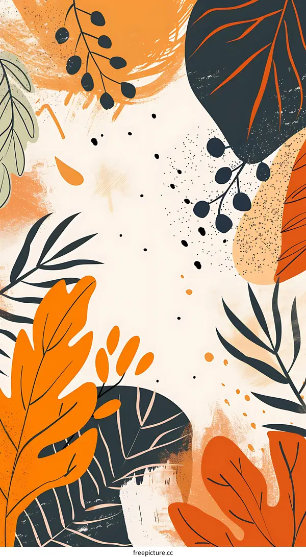 Abstract Art with Tropical Leaves in Orange and Green Colors