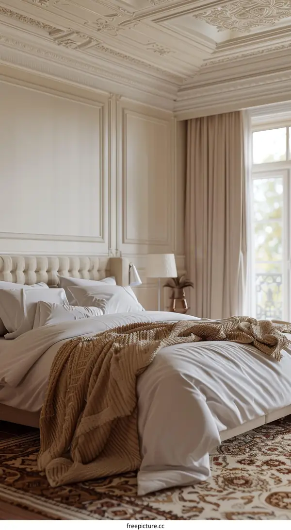 Elegant Bedroom with Ornate Ceiling and Beige Decor