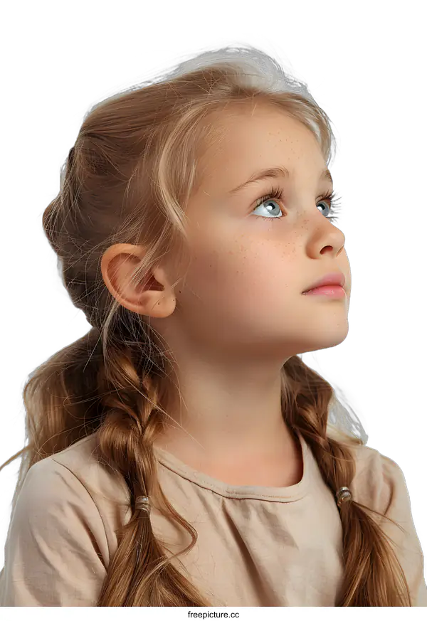 [Transparent Background PNG]Close Up Portrait of a Little Girl with Blonde Hair and Blue Eyes Looking Up