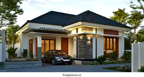 Modern Home Design with Black Car in Front