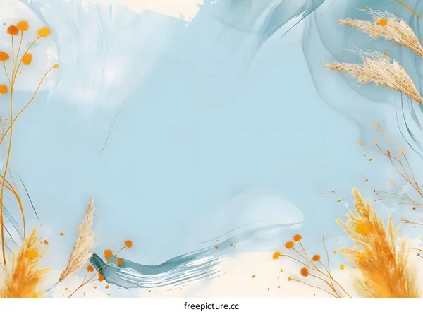 Abstract Blue Watercolor Background With Dried Flowers