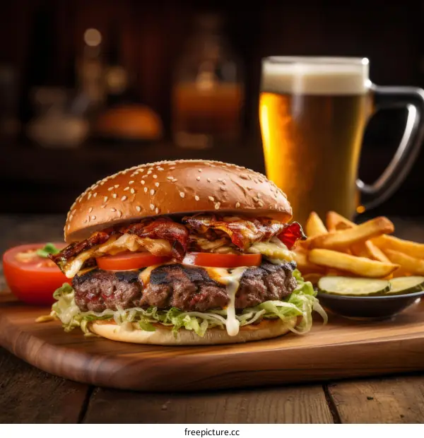 Delectable Cheeseburger with Bacon, Fries, and Beer