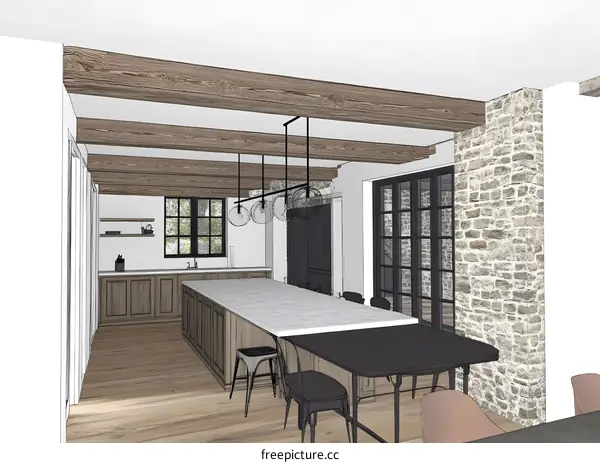 Modern Kitchen Design with White Countertop and Wooden Beams